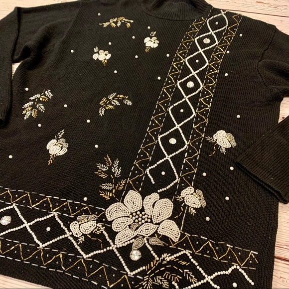 Vintage Beaded Knit Mock Neck Holiday Winter Sweater Victoria Jones Black Silver - Picture 13 of 15